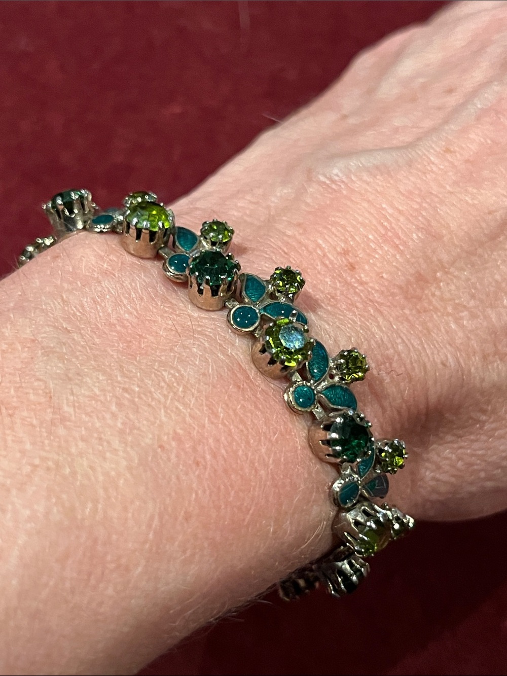 Vintage Signed WEISS Green Rhinestone & Turquoise Enamel Floral Bracelet
